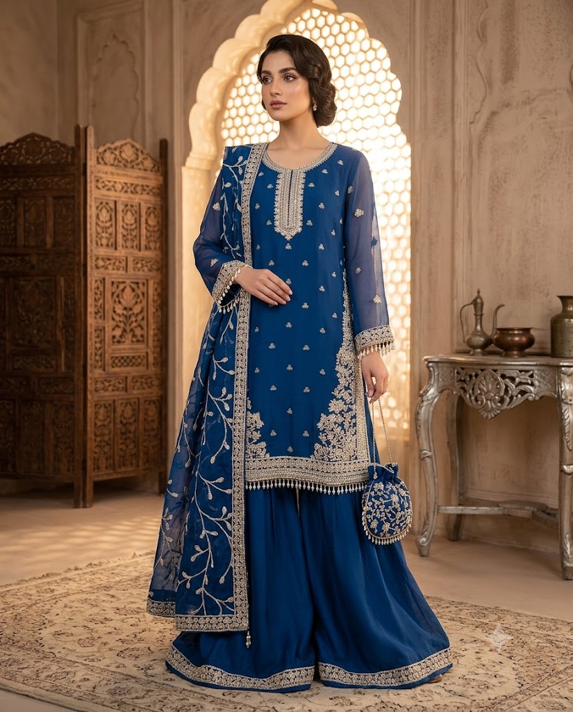 4Pc Chiffon Georgette Suit with Clutch | Ready to Wear