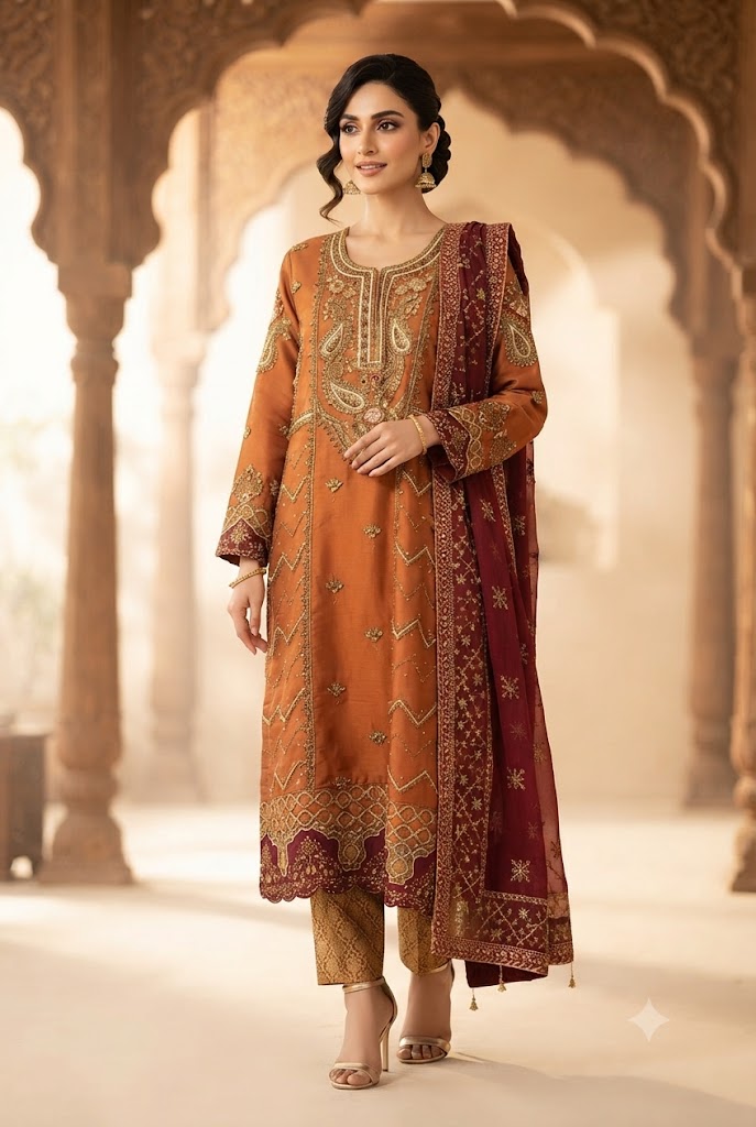 3Pc Chiffon Georgette Suit Frock Style Ready to Wear