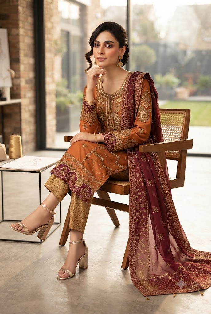 3Pc Chiffon Georgette Suit Frock Style Ready to Wear - Image 2