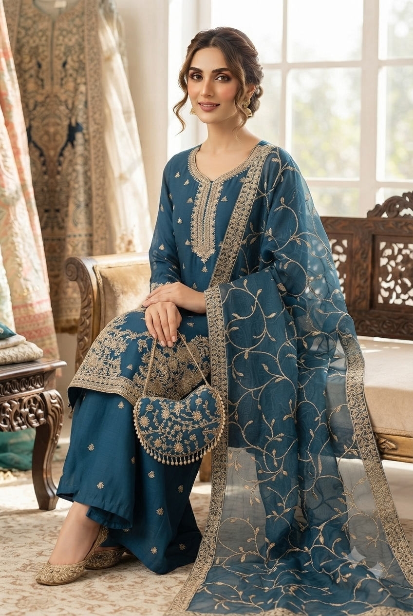 4piece Suit with clutch Chiffon Georgette Stone Work Ready to Wear - Image 2