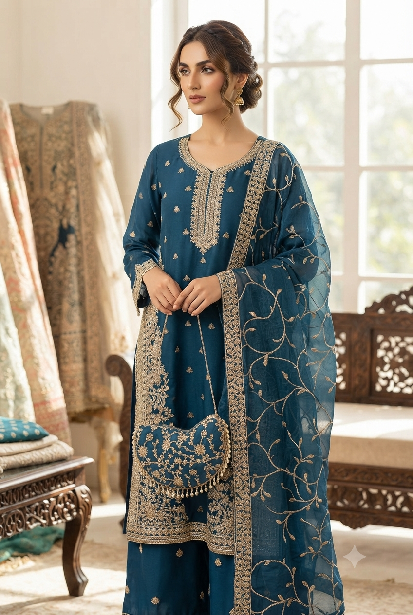 4piece Suit with clutch Chiffon Georgette Stone Work Ready to Wear