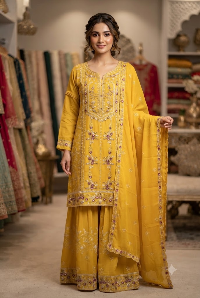 3Pc Chiffon Georgette Sequence Work Ready to Wear | Gharara Pants