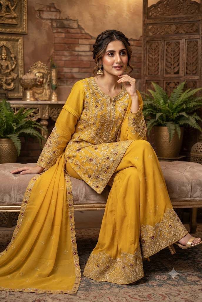 3Pc Chiffon Georgette Sequence Work Ready to Wear | Gharara Pants - Image 2
