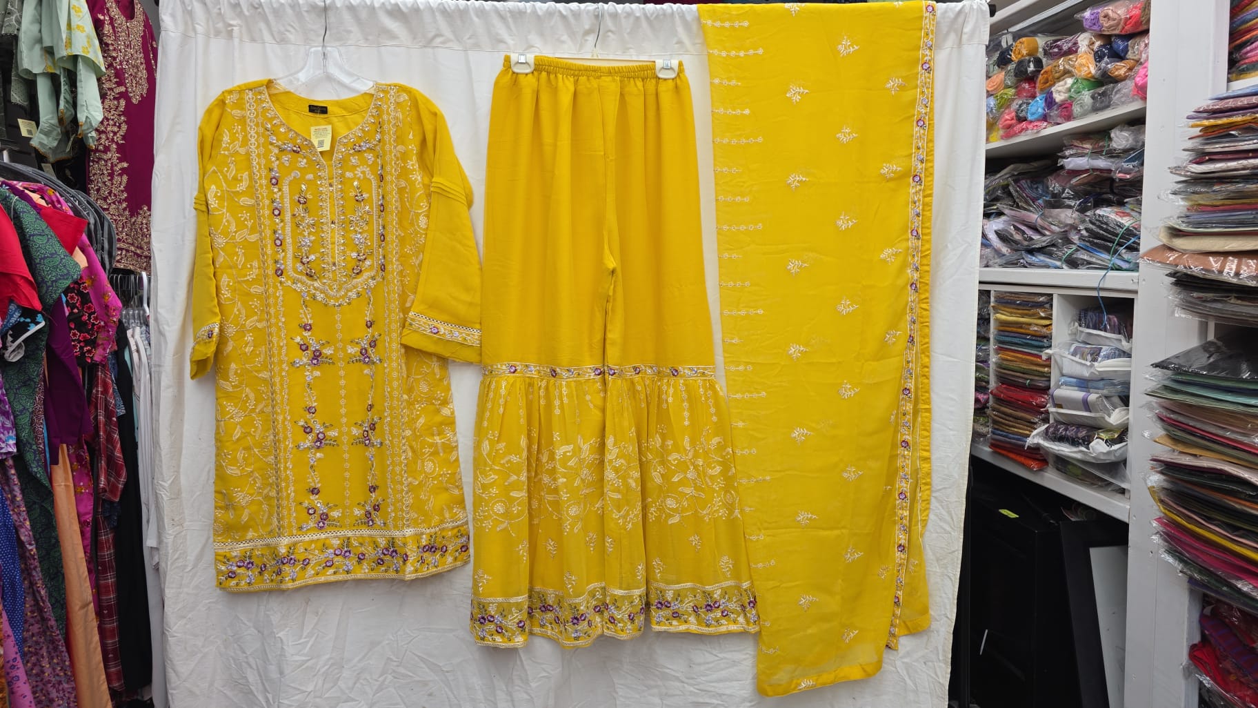 3Pc Chiffon Georgette Sequence Work Ready to Wear | Gharara Pants - Image 3